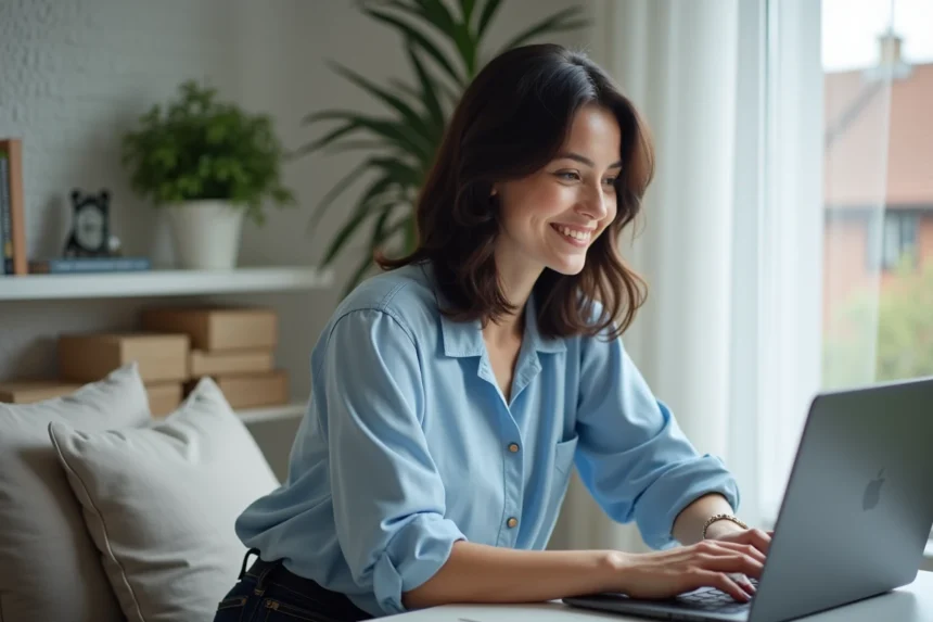 Femme concentrée sur son ordinateur dans un bureau moderne