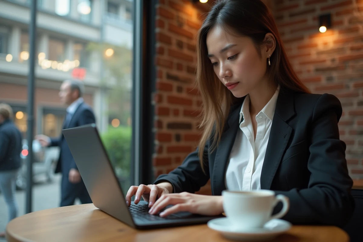 Jeune femme au café tape sur son ordinateur portable