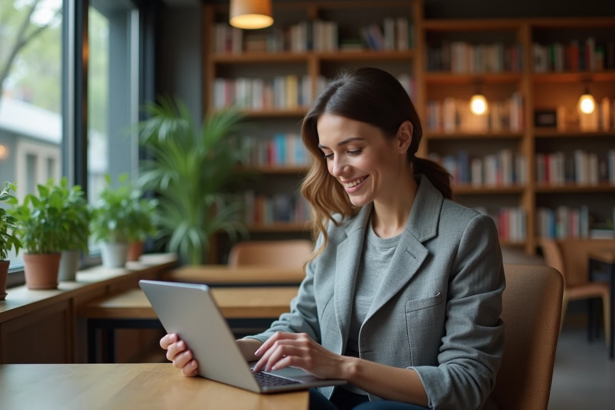 Femme en blazer travaillant sur sa tablette dans un espace créatif