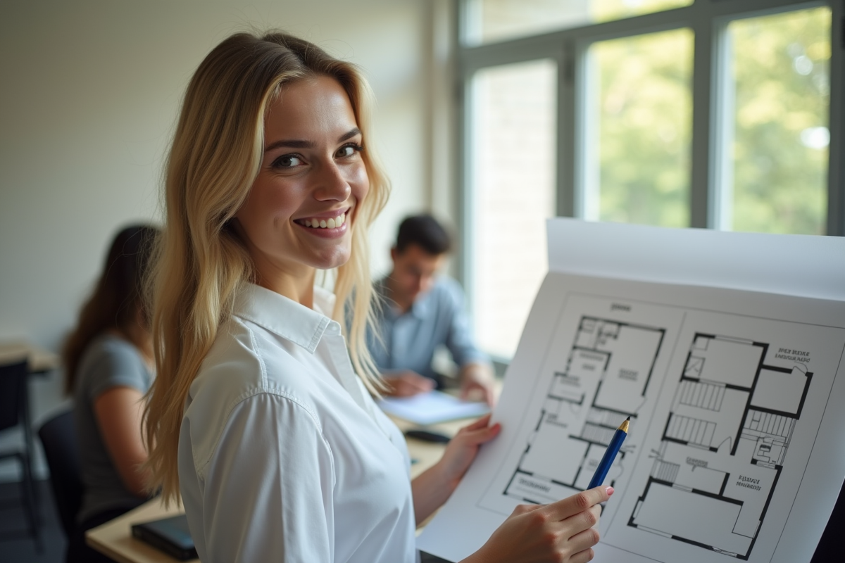 Étudiante en immobilier souriante présentant un plan dans une salle lumineuse