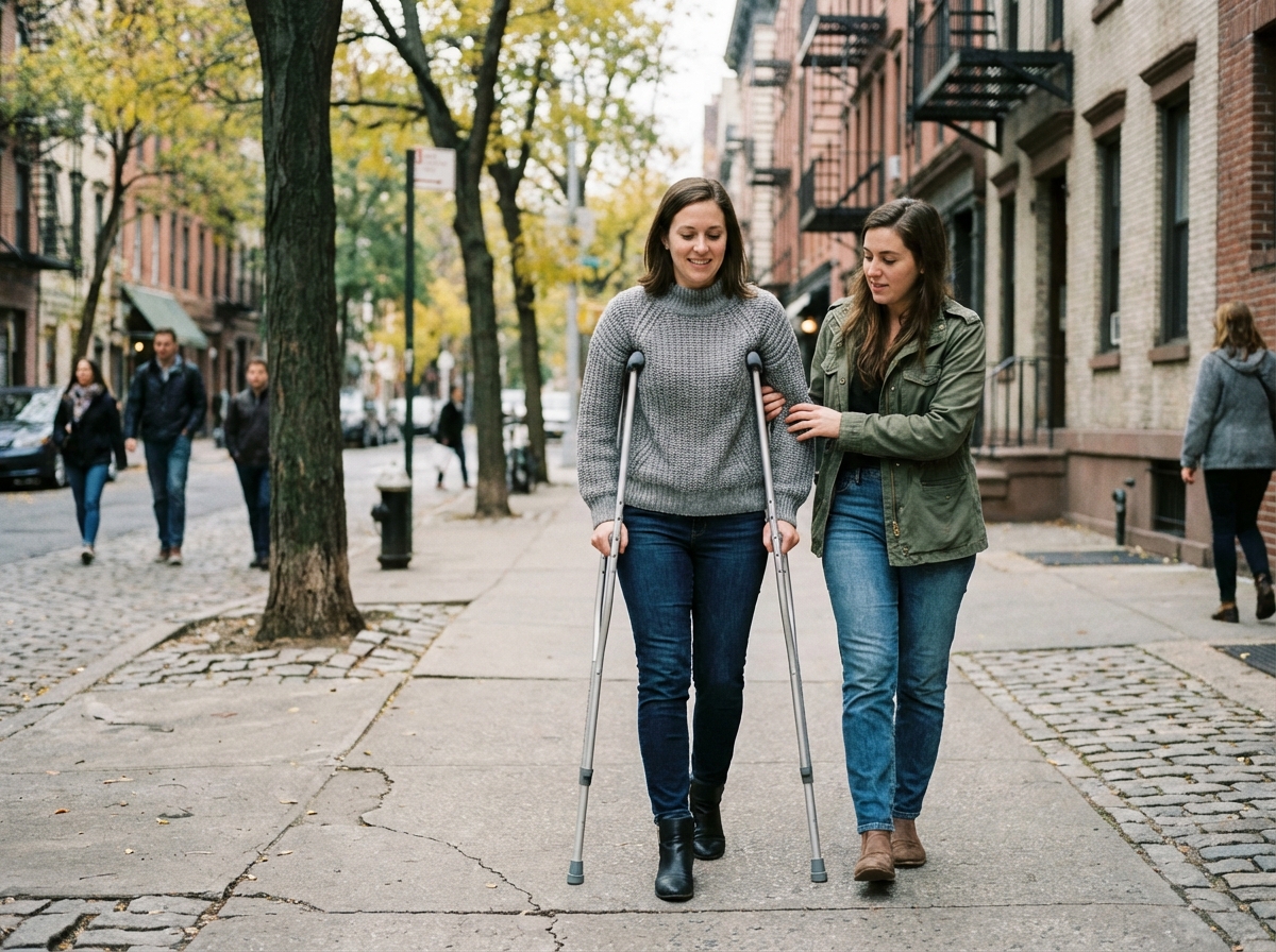 Jeune femme en ville avec béquilles et amie dans la rue
