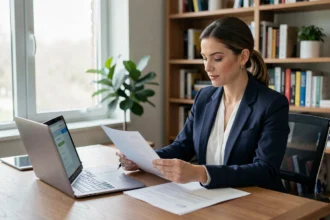 Femme professionnelle utilisant une plateforme d'optimisation d'entretien d'embauche sur ordinateur portable dans un bureau moderne