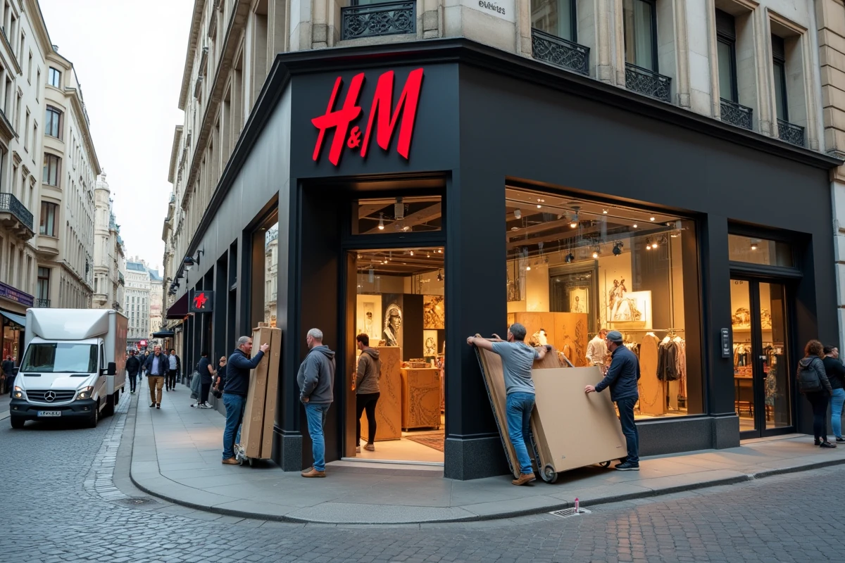 Fermeture d'un magasin H&M en centre-ville avec démontage des vitrines et départ des stocks