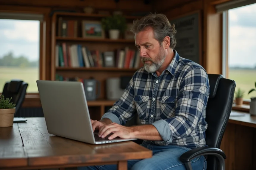 Fermeur au bureau avec ordinateur portable et livres agricoles