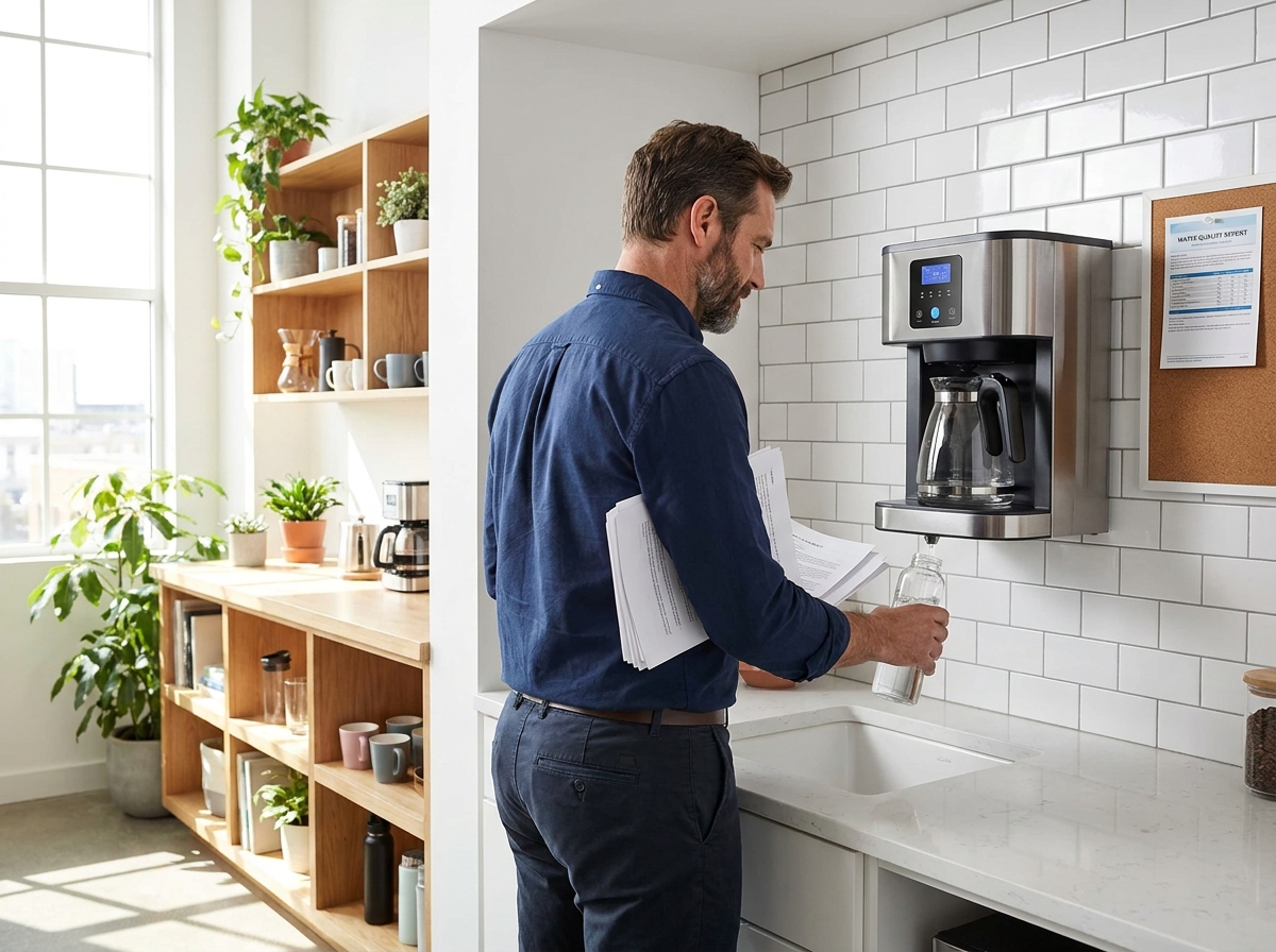 Système de filtration d'eau murale installé dans une salle de pause d'entreprise avec un employé qui remplit son verre