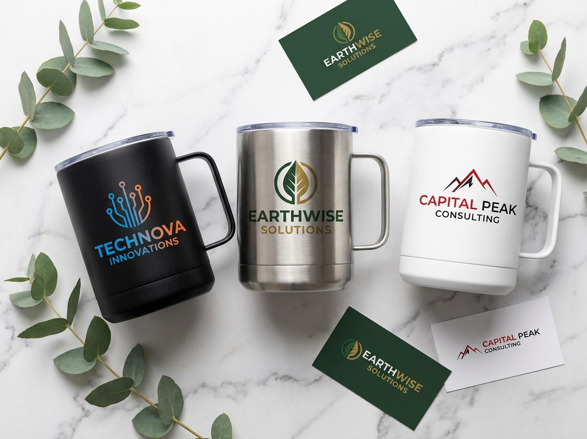 Flat lay de trois mugs isothermes personnalisés aux logos d'entreprise différents sur marbre blanc