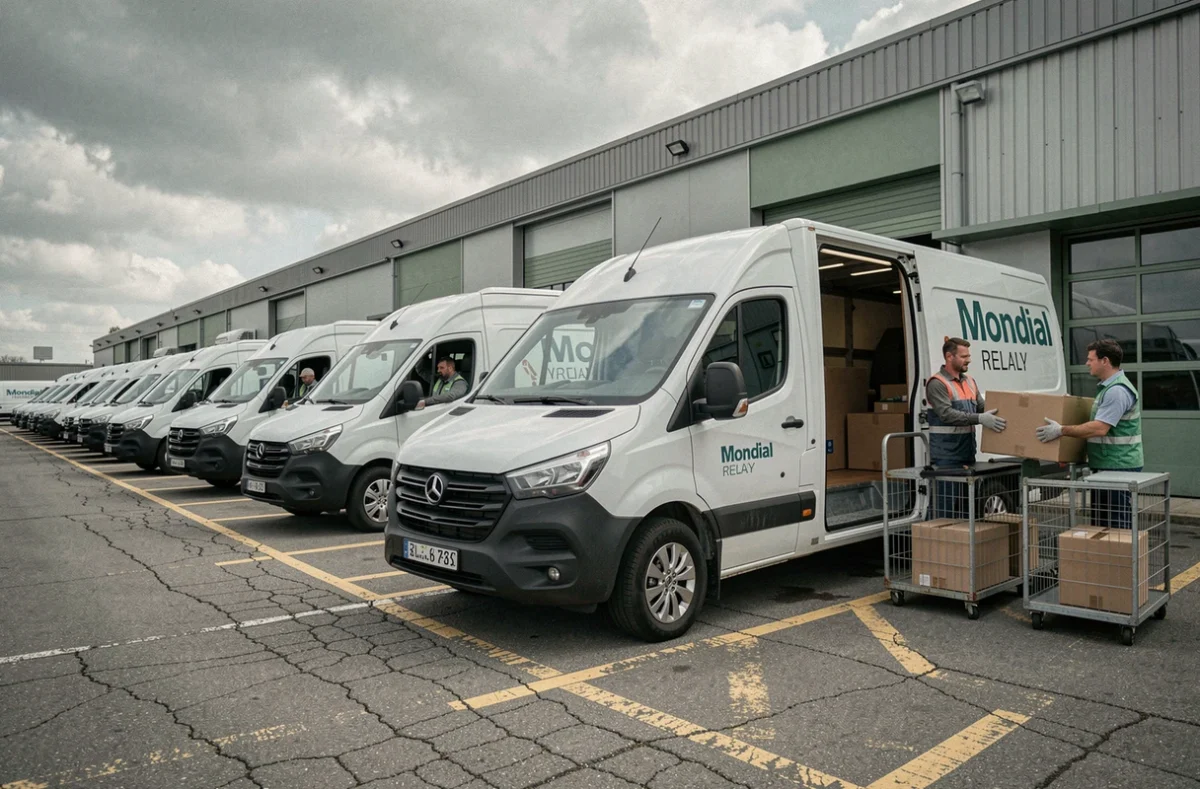 Flotte de camionnettes de livraison Mondial Relay chargées devant un entrepôt hub harnes en zone industrielle