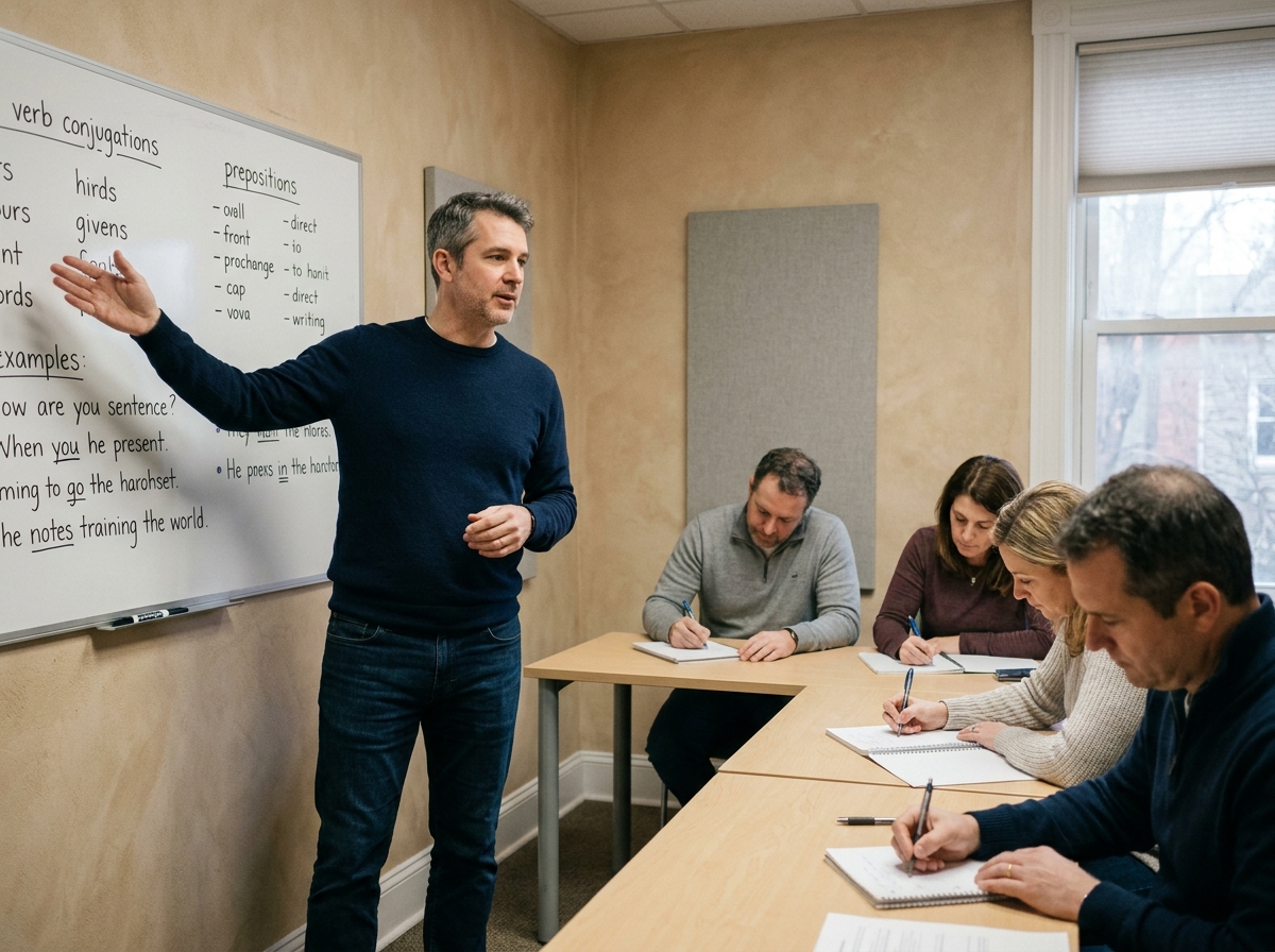 Formateur d'anglais devant un tableau blanc dans une salle de cours avec des adultes en formation