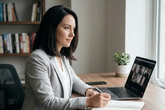 Femme suivant une formation d'anglais en ligne sur un ordinateur portable dans un bureau moderne
