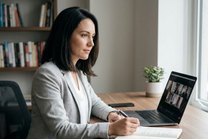 Femme suivant une formation d'anglais en ligne sur un ordinateur portable dans un bureau moderne