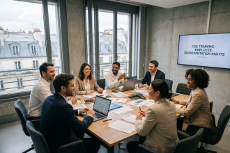 Groupe de professionnels en formation CSE inter-entreprise autour d'une table de conférence à Paris