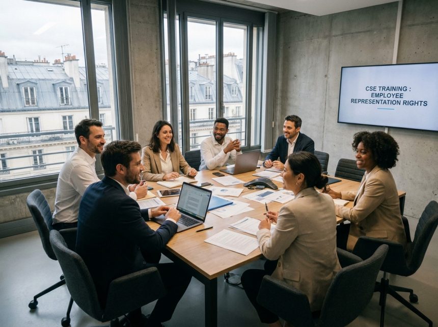 Groupe de professionnels en formation CSE inter-entreprise autour d'une table de conférence à Paris