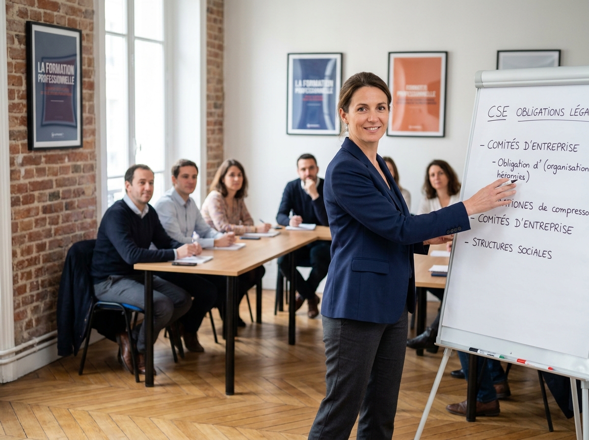 Formatrice animant une session de formation CSE dans un centre de formation parisien