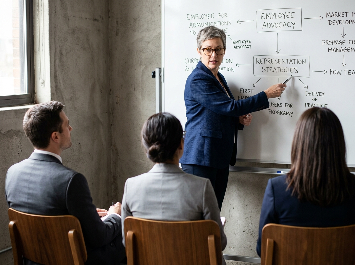 Formatrice CSE expliquant les droits des élus du personnel devant un tableau blanc à Paris