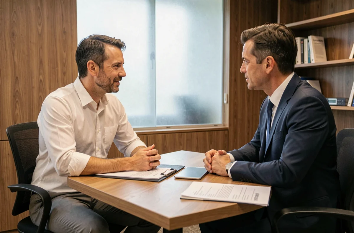 Freelance en entretien avec un conseiller d'un cabinet de portage salarial pour choisir la meilleure offre