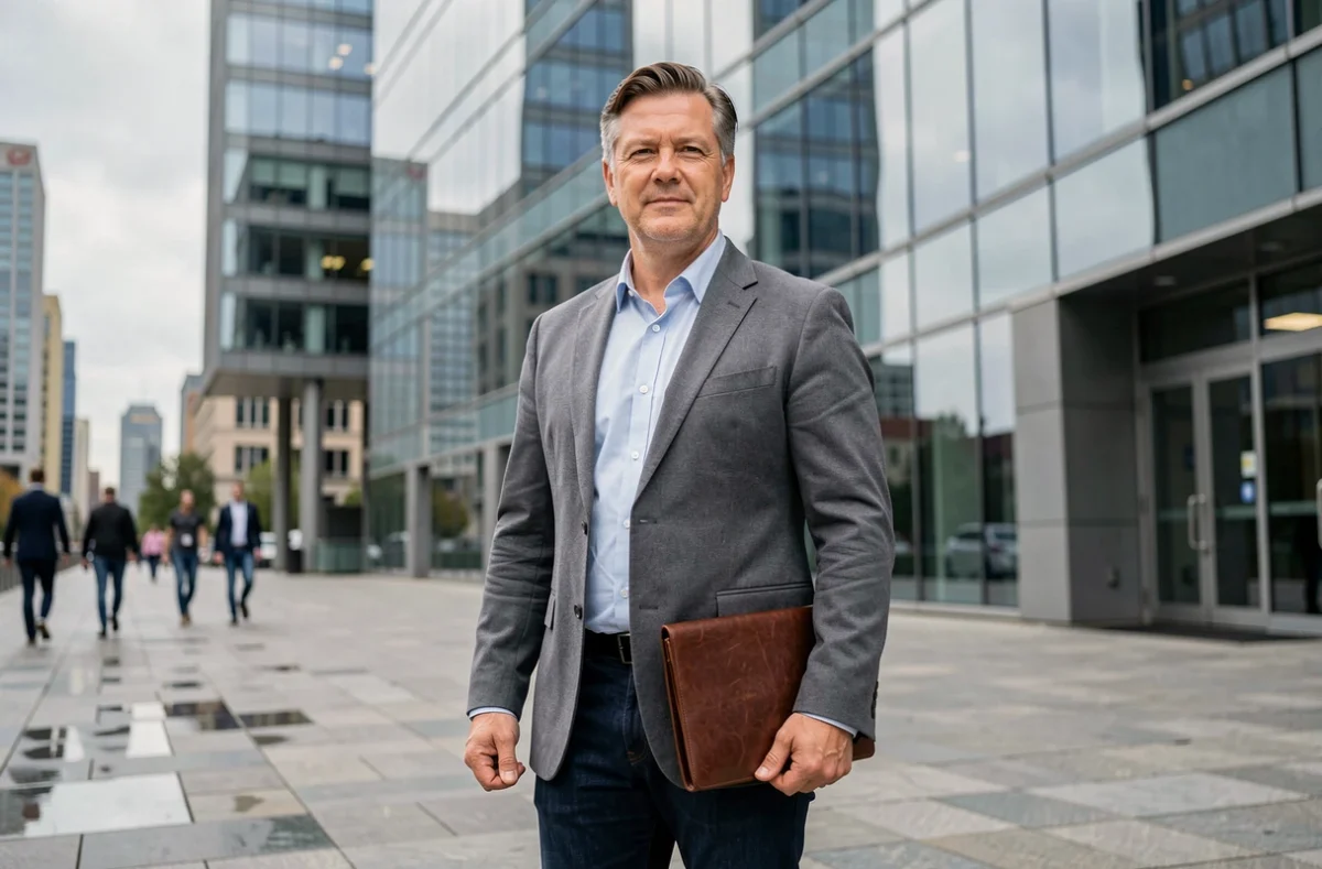 Consultant freelance indépendant devant un immeuble de bureaux, symbolisant les alternatives au statut Altran et au portage salarial