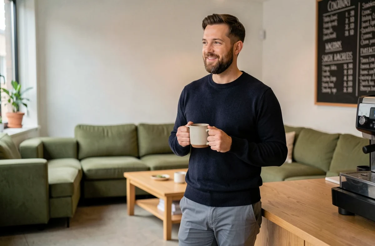 Freelance masculin souriant tenant un café dans la zone lounge d'un espace de coworking au design contemporain