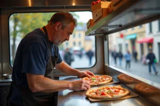 Camion à pizza en service avec clients satisfaits