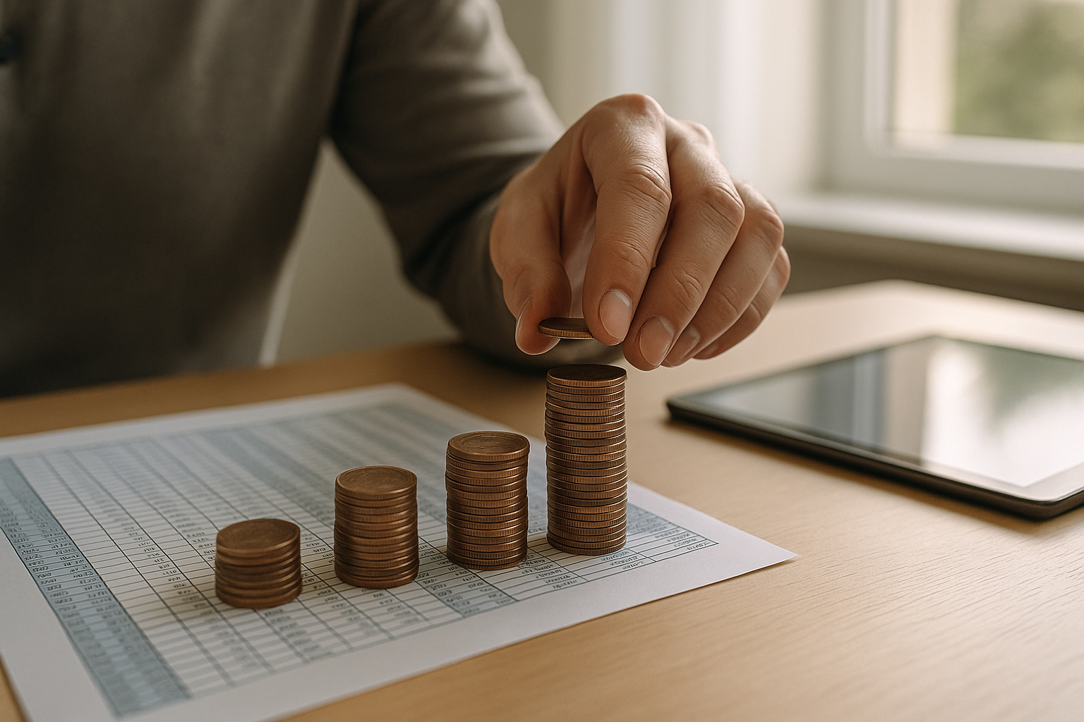 Main empilant des pieces de monnaie avec tablettes et feuilles de calcul pour la gestion financière