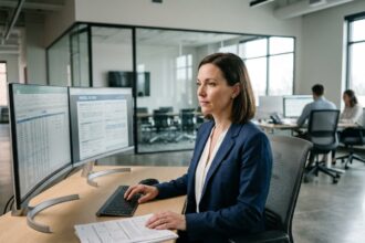 Responsable RH analysant des données de paie numérique sur ordinateur dans un bureau moderne, transition vers la DSN