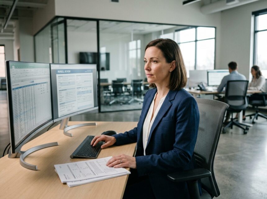 Responsable RH analysant des données de paie numérique sur ordinateur dans un bureau moderne, transition vers la DSN