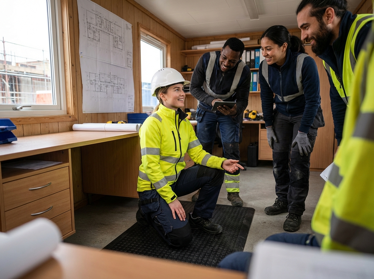 Jeune femme gestionnaire montrant un tapis antifatigue à l