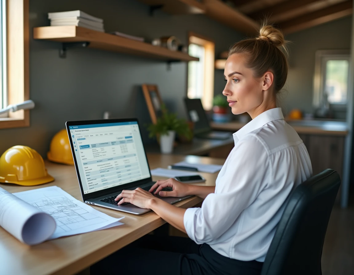 Gestionnaire de chantier travaillant sur un logiciel de facturation BTP dans un bureau de chantier