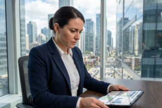 Manager paie professionnel en costume dans un bureau moderne