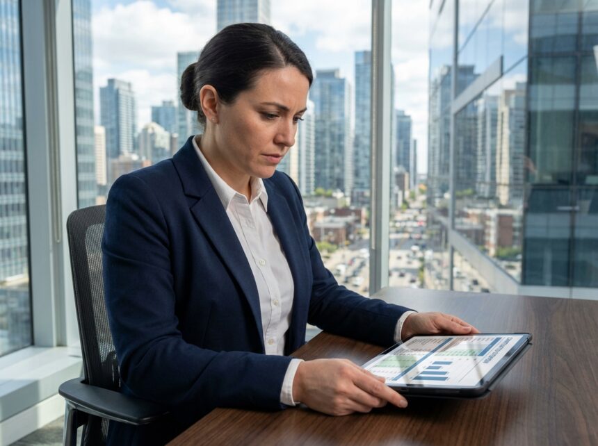 Manager paie professionnel en costume dans un bureau moderne