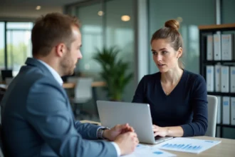 Manager paie femme au bureau avec collègue et ordinateur