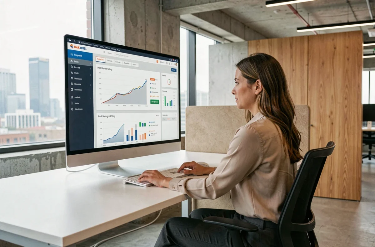 Gestionnaire de projet BTP analysant un tableau de bord de gestion de chantier pour optimiser les marges sur logiciel spécialisé