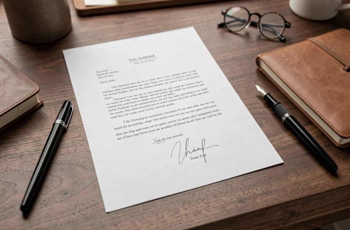 Gros plan d'une lettre formelle avec formule de politesse manuscrite et signature cursive posée sur un bureau en bois