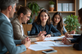 Groupe d'adultes en réunion dans un bureau moderne