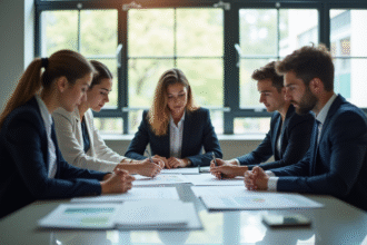 Groupe de jeunes adultes en affaires étudiant des documents immobiliers
