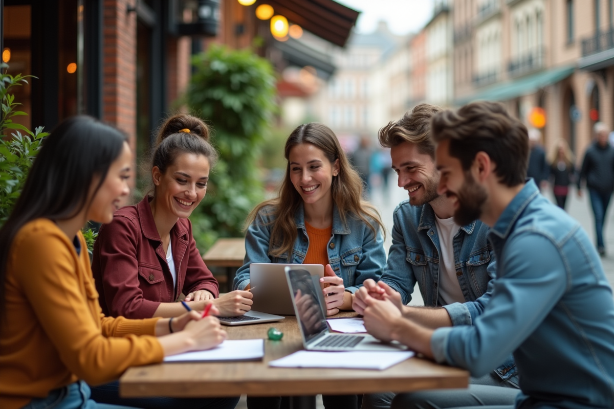 Groupe diversifié partageant idées sur un café urbain