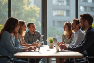 Groupe de collègues divers souriants dans un bureau moderne