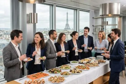 Groupe de professionnels autour d'un buffet à Paris