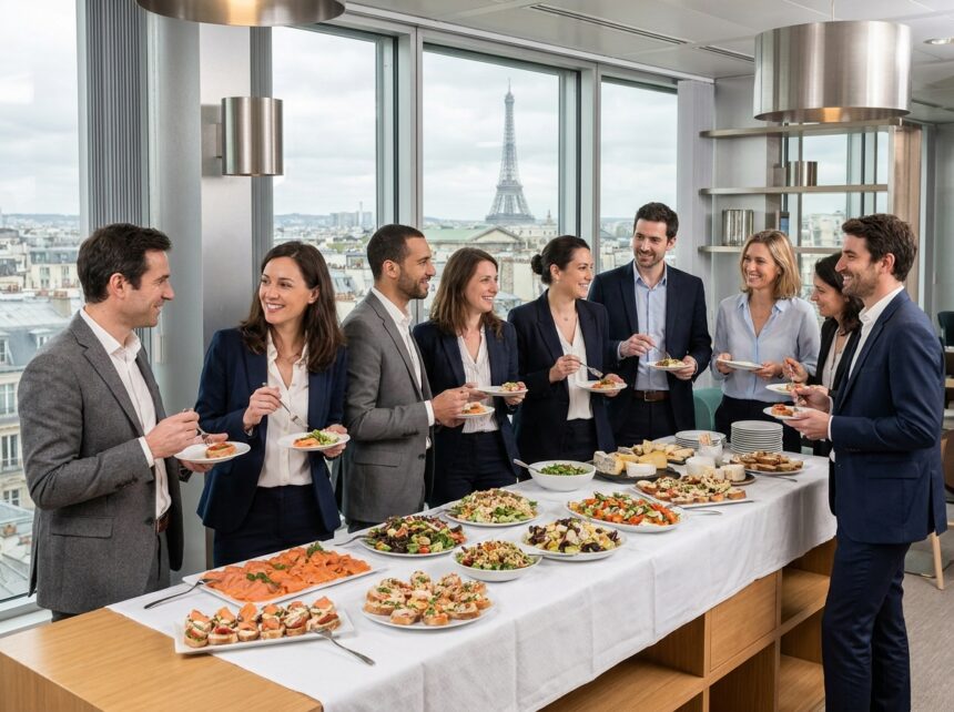 Groupe de professionnels autour d'un buffet à Paris