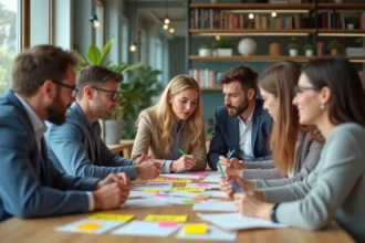 Groupe diversifié en réunion de travail collaborative