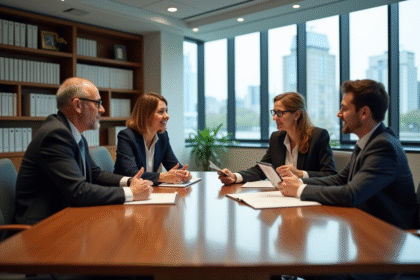 Groupe de quatre adultes en réunion dans un bureau municipal