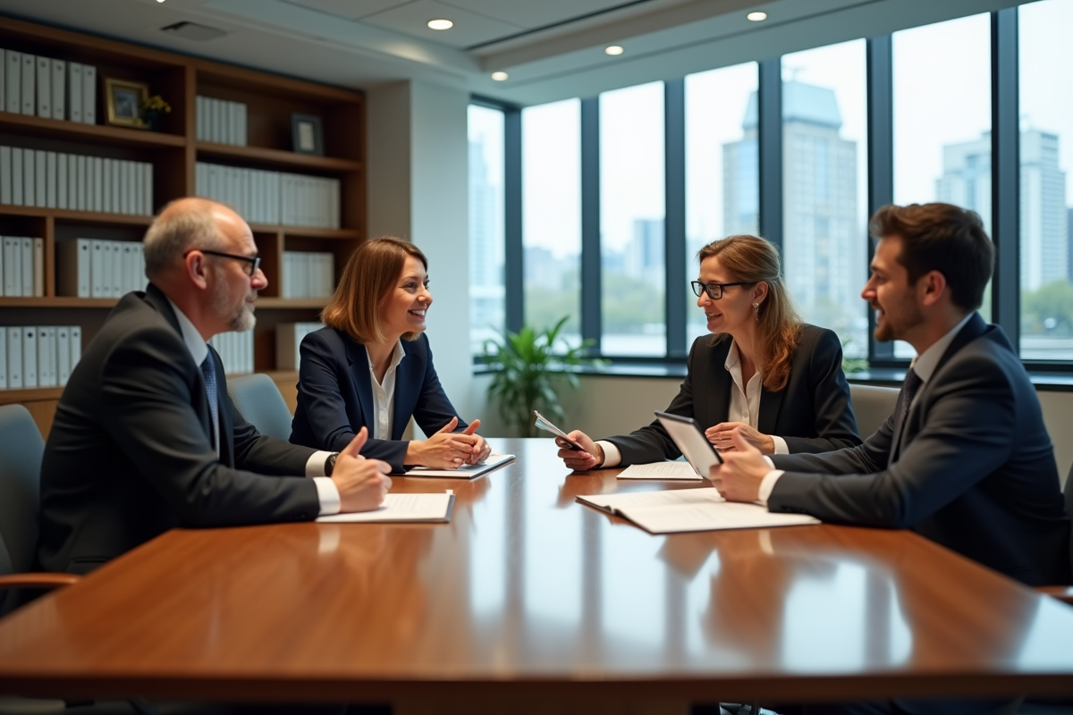 Groupe de quatre adultes en réunion dans un bureau municipal