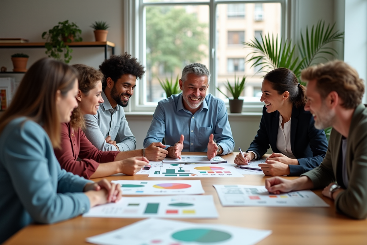 Groupe divers de professionnels discutant autour de matériaux de design