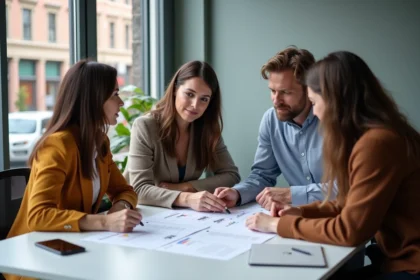 Groupe d'entrepreneurs locaux en réunion dans un bureau moderne