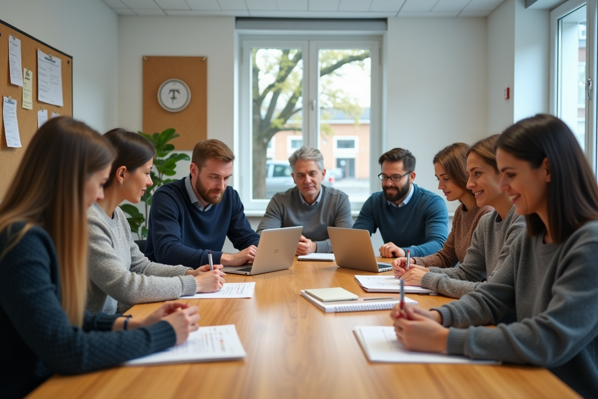 Groupe diversifié en formation avec table et tablettes