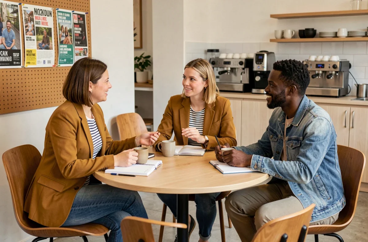 Groupe de freelances en discussion dans la zone lounge d'un espace de coworking à Croix