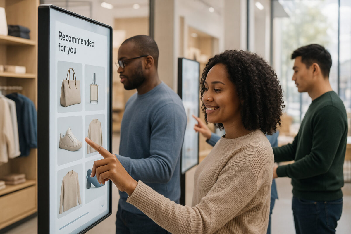 Groupe diversifié interagissant avec des écrans tactiles en magasin