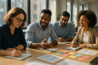 Groupe de professionnels lors d'un atelier interactif en réunion
