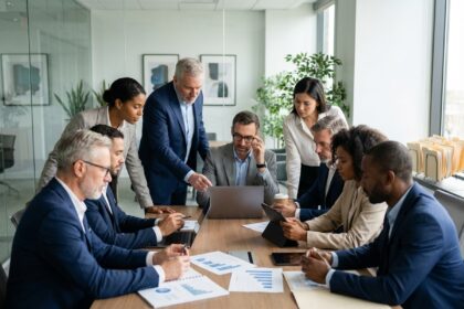 Groupe de professionnels en réunion dans un bureau moderne