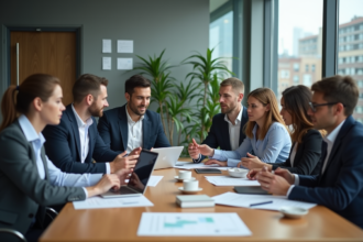 Groupe de professionnels en réunion dans un bureau moderne