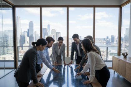 Groupe de professionnels en réunion autour d'une table digitale